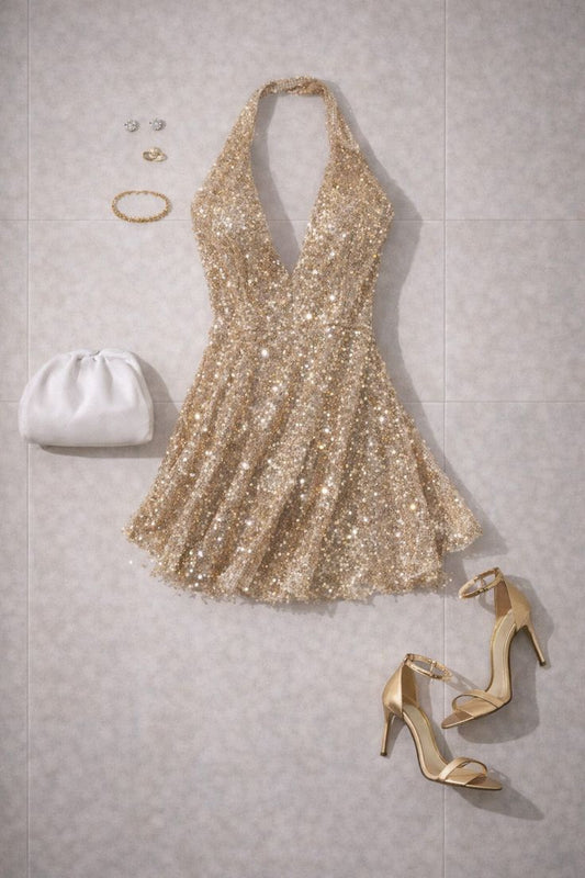 Sparkly A line Halter Champagne Sequin Mini Senior Inspo Short Party Outfits Formal Homecoming Dresses RB3010