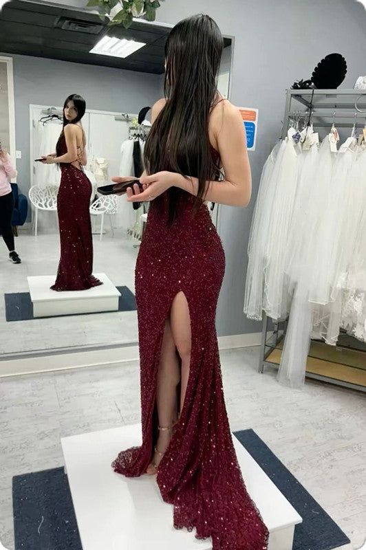 Sequined Mermaid Evening Gown Floor-Length Lace-Up Back Prom Dress AB545
