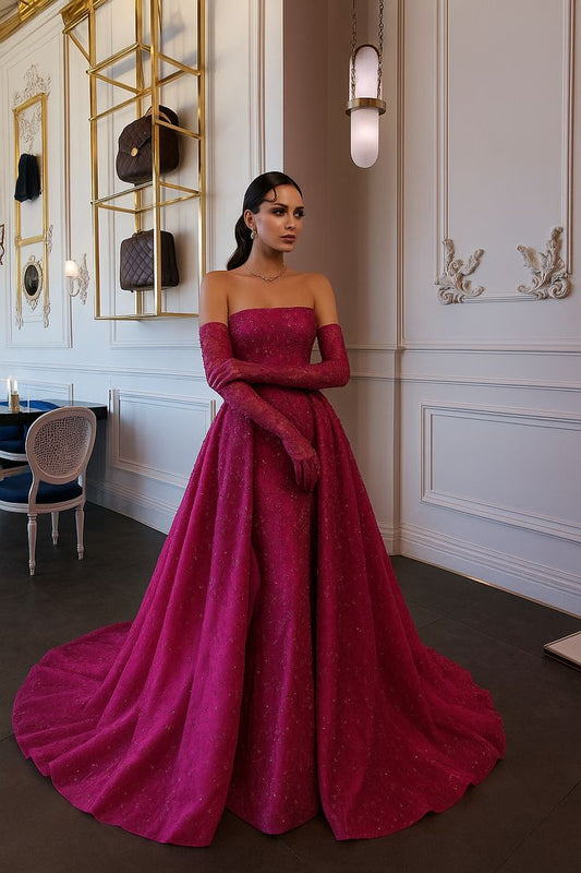Sexy Abschlussballkleider für die Oberstufe: Meerjungfrauen-Kleid, trägerlos, fuchsiafarben mit Pailletten, halbformell, langes Partykleid AB2161
