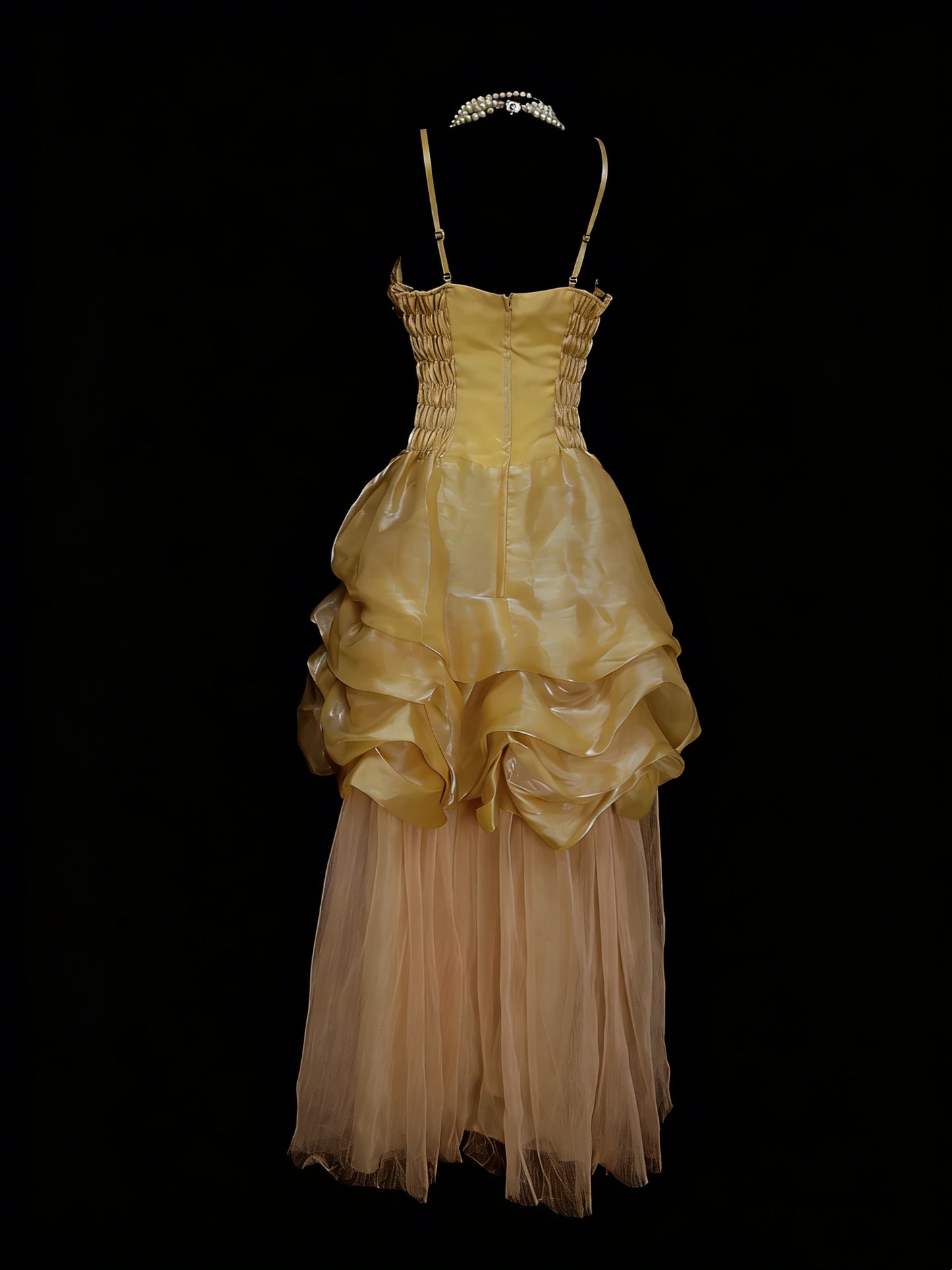 Vintage Night Aesthetic Ball Gown Spaghetti Straps 80s 70s Gold College Formal Outfit Long Prom Graduation Dresses For Teens N1142