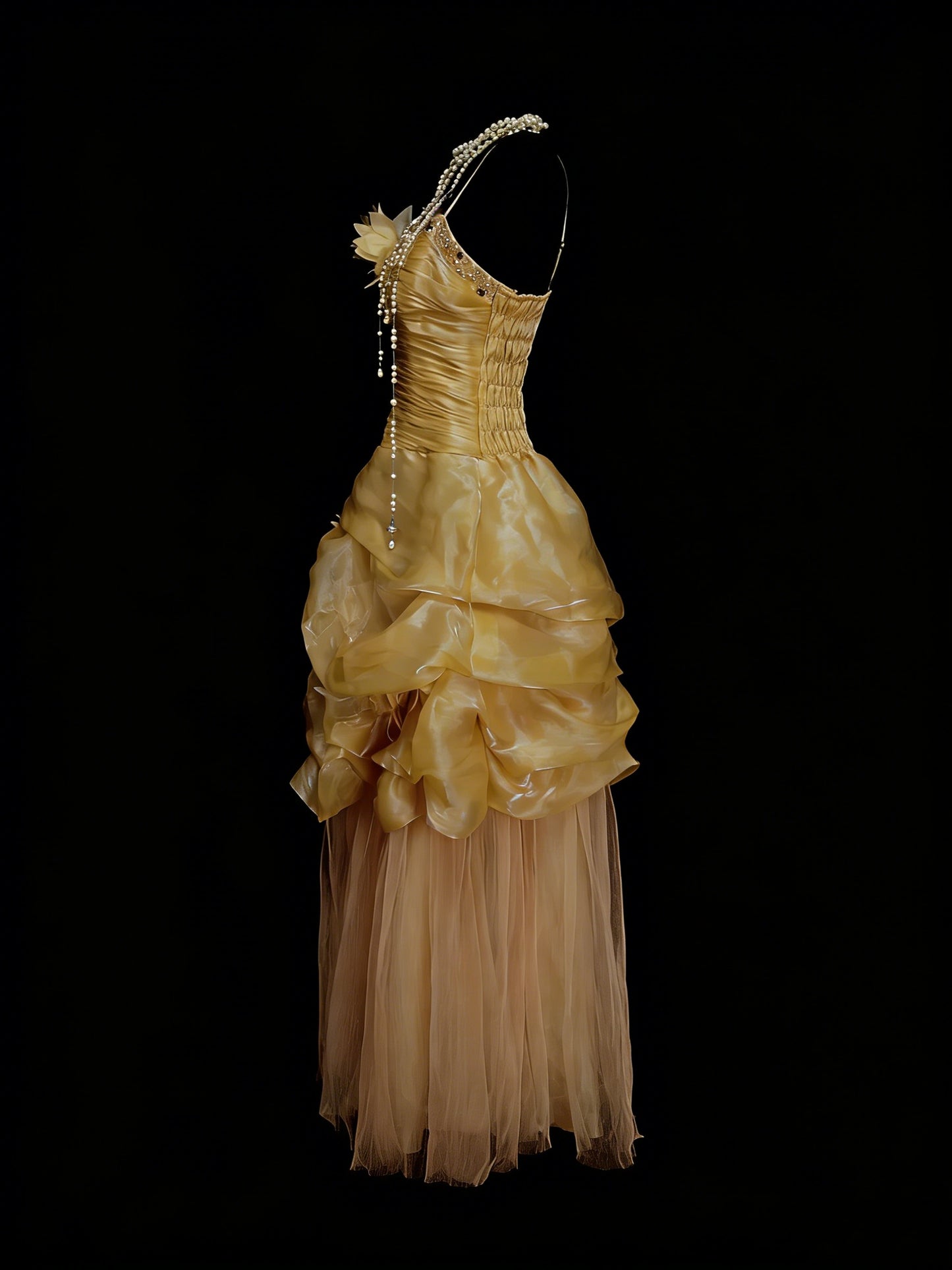 Vintage Night Aesthetic Ball Gown Spaghetti Straps 80s 70s Gold College Formal Outfit Long Prom Graduation Dresses For Teens N1142