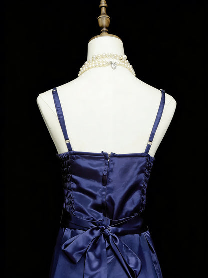 Vintage-Abendkleid im A-Linien-Stil mit Spaghettiträgern, 80er/70er Jahre, Marineblau, für Teenager, College, formelle Anlässe, Abschlussball, N1143