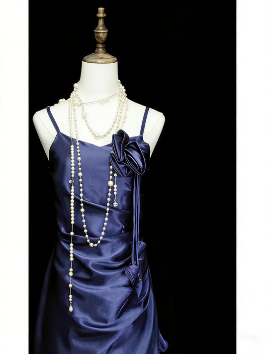 Vintage Night Aesthetic A Line Spaghetti Straps 80s 70s Navy Blue Teens College Formal Outfit Long Prom Graduation Dresses N1143