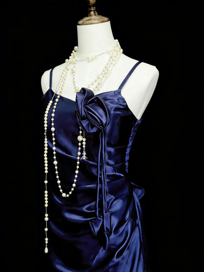 Vintage-Abendkleid im A-Linien-Stil mit Spaghettiträgern, 80er/70er Jahre, Marineblau, für Teenager, College, formelle Anlässe, Abschlussball, N1143