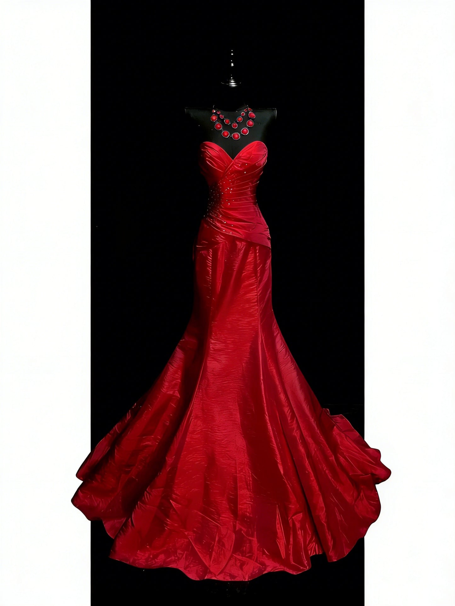 Robe de bal longue sirène élégante en satin rouge ornée de perles et froncées, modèle N1197