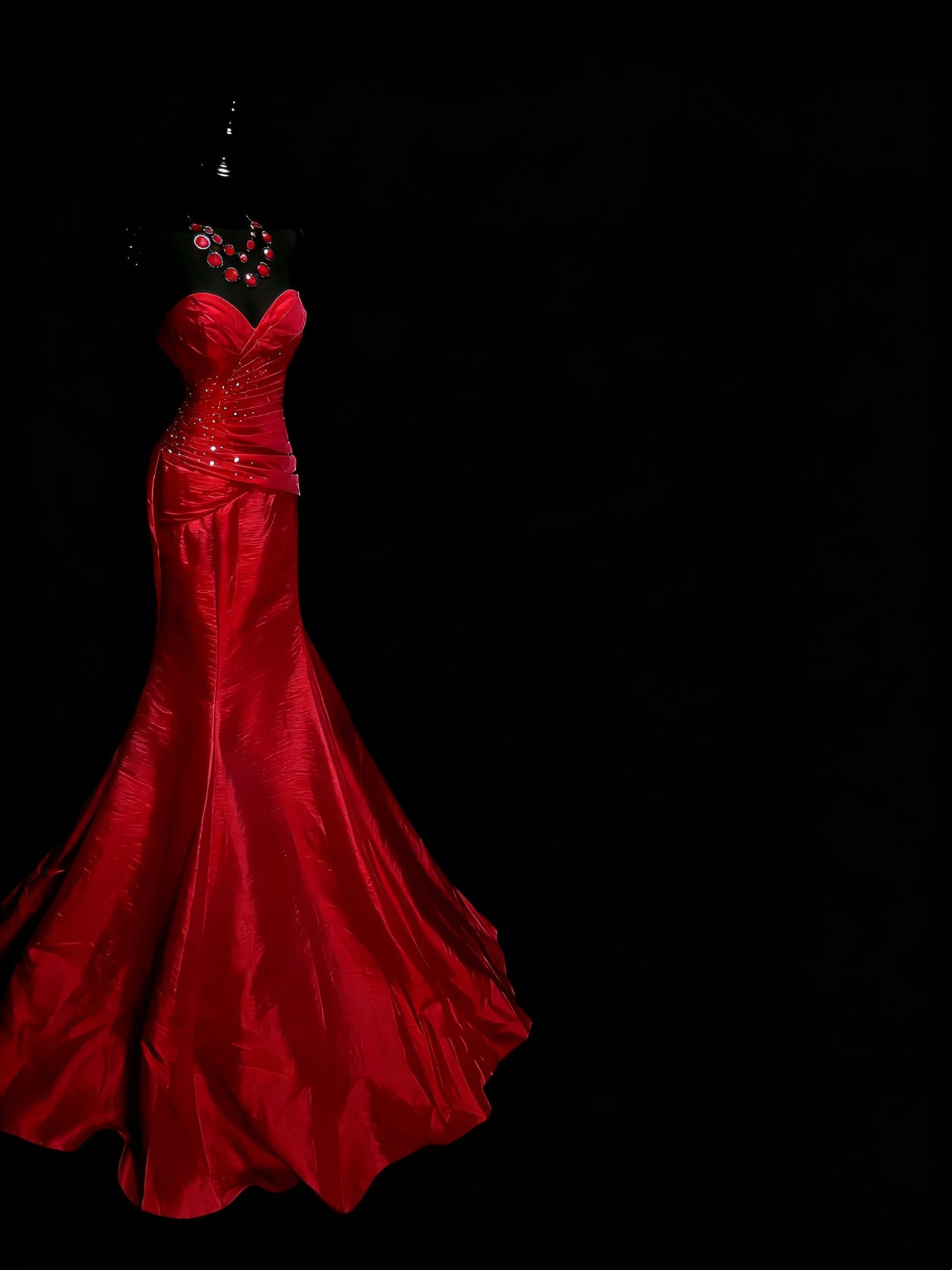 Robe de bal longue sirène élégante en satin rouge ornée de perles et froncées, modèle N1197