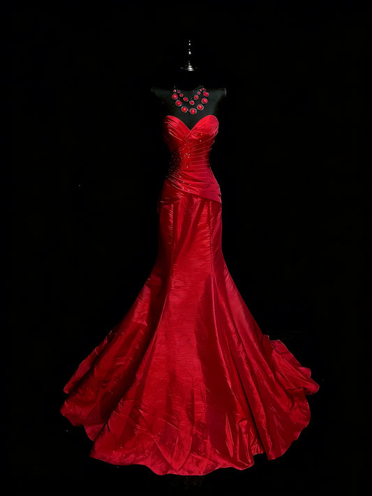 Elegant Mermaid Sweetheart Red Satin With Beadings Ruched Floor Length Inspiration Long Prom Dresses N1197