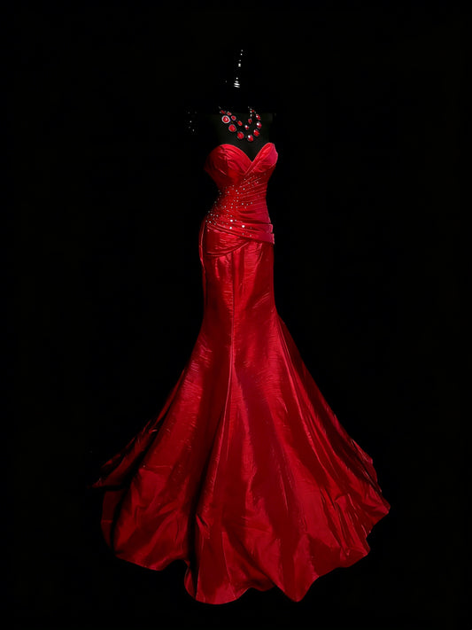 Elegant Mermaid Sweetheart Red Satin With Beadings Ruched Floor Length Inspiration Long Prom Dresses N1197