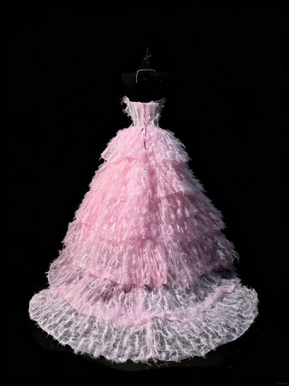 Robe de bal bustier rose en tulle sans manches ornée de plumes, robe longue de quinceañera pour femme, robe de quinceañera pour les 16 ans (N1199)