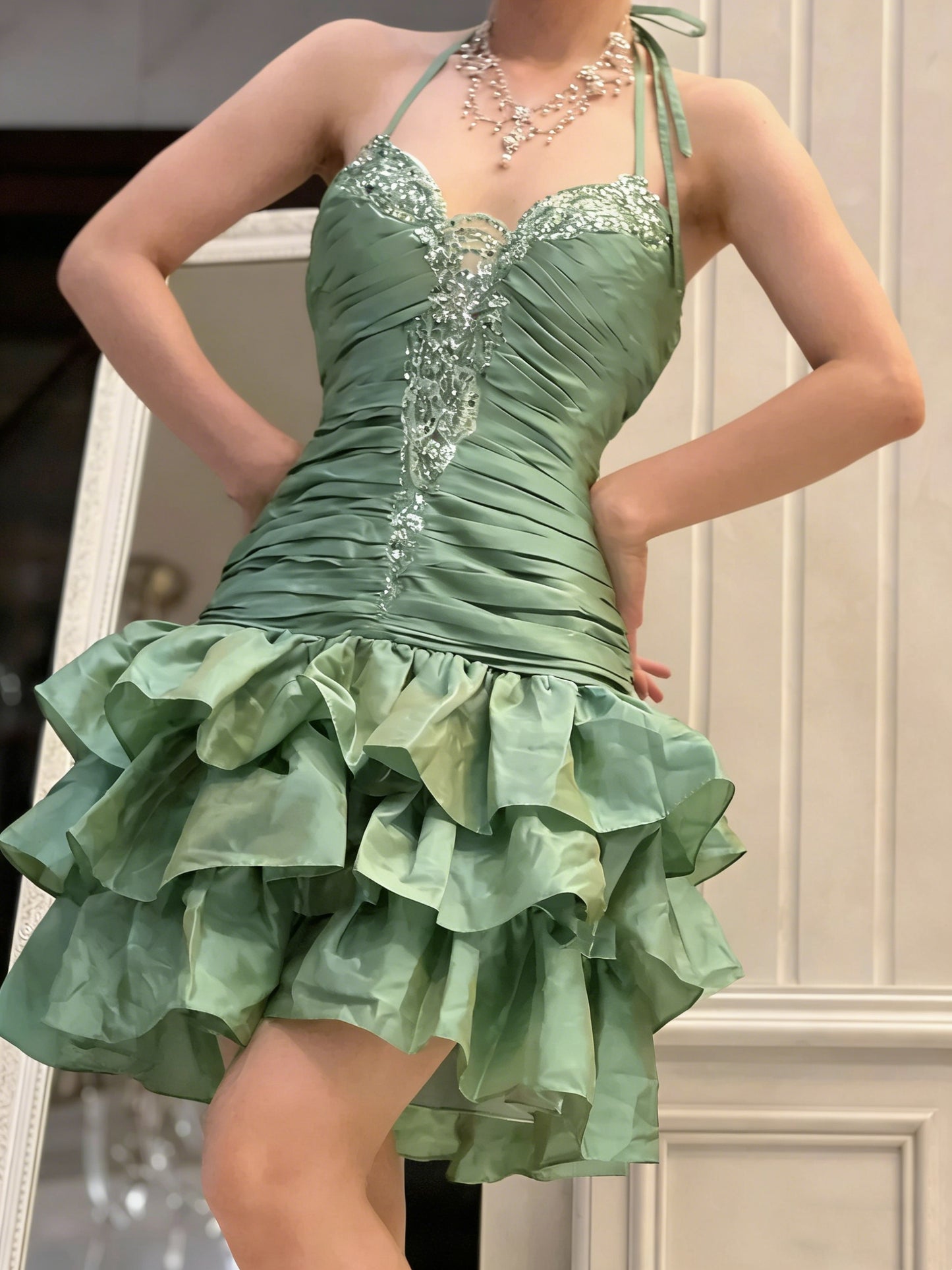 Vintage Sheath Halter Green Halter Drop Waist Hoco Gowns Short Birthday Dress Homecoming Dresses Hoco Gown N1201