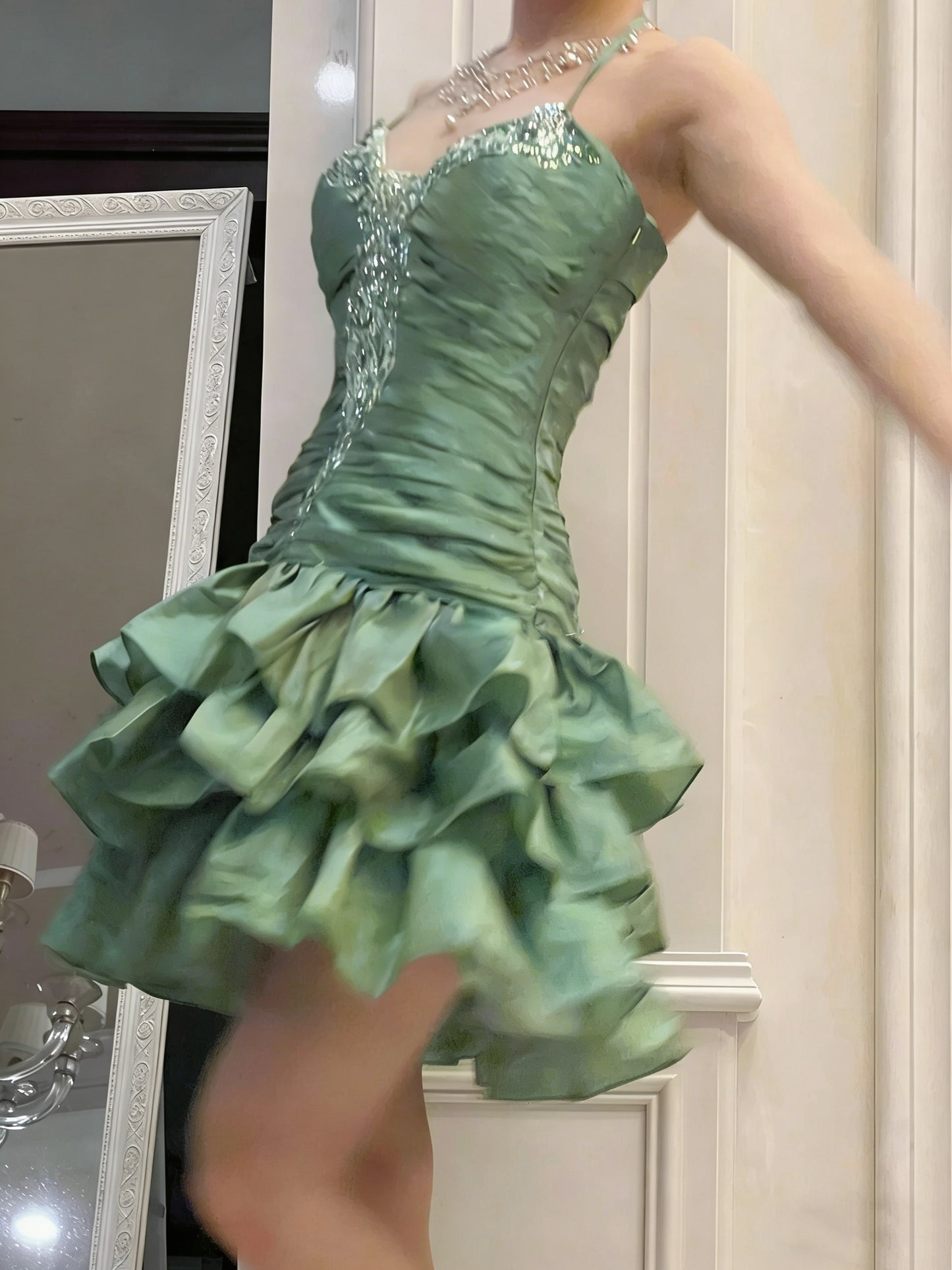 Vintage Sheath Halter Green Halter Drop Waist Hoco Gowns Short Birthday Dress Homecoming Dresses Hoco Gown N1201