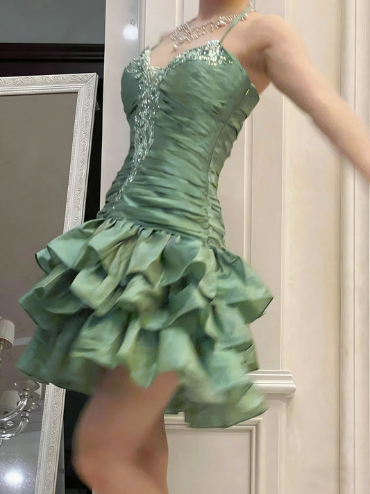 Vintage Sheath Halter Green Halter Drop Waist Hoco Gowns Short Birthday Dress Homecoming Dresses Hoco Gown N1201