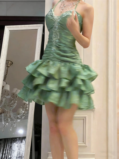 Vintage Sheath Halter Green Halter Drop Waist Hoco Gowns Short Birthday Dress Homecoming Dresses Hoco Gown N1201