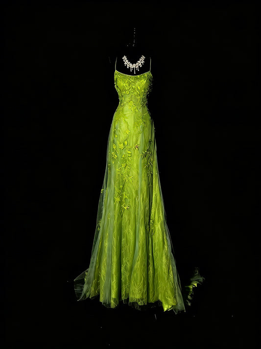 Atemberaubendes Meerjungfrauen-Abendkleid mit Spaghettiträgern aus grünem Tüll und Spitze, formelles Abendkleid N989