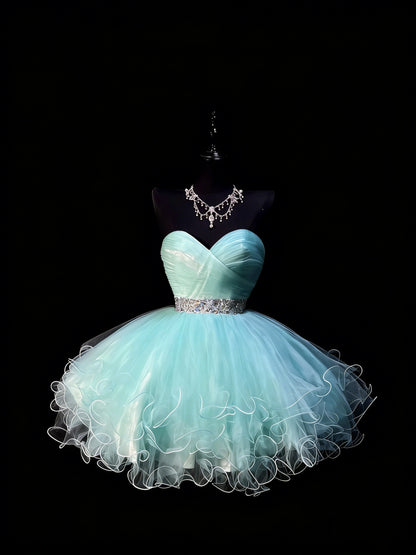 Niedliches Ballkleid, herzförmiges, hellblaues Tüllkleid, kurzes Homecoming-Kleid, Cocktailkleid für die Mittelschule N1179