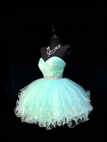 Niedliches Ballkleid, herzförmiges, hellblaues Tüllkleid, kurzes Homecoming-Kleid, Cocktailkleid für die Mittelschule N1179