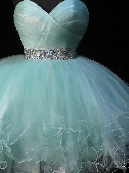 Niedliches Ballkleid, herzförmiges, hellblaues Tüllkleid, kurzes Homecoming-Kleid, Cocktailkleid für die Mittelschule N1179