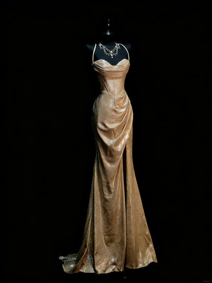 Elegantes Meerjungfrauen-Kleid mit Spaghettiträgern, goldenen Pailletten, langes Ballkleid für Teenager (N1180)