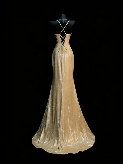 Elegantes Meerjungfrauen-Kleid mit Spaghettiträgern, goldenen Pailletten, langes Ballkleid für Teenager (N1180)