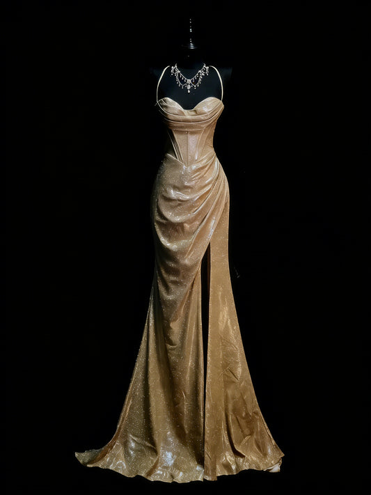 Robe de bal de fin d'année longue à fines bretelles et sequins dorés, style sirène, pour adolescentes (N1180)