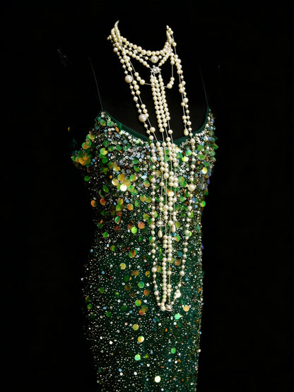 Vintage Mermaid Spaghetti Straps Green Sequin With Beads Bodice College Formal Outfit Long Prom Graduation Dresses For Teens N1305