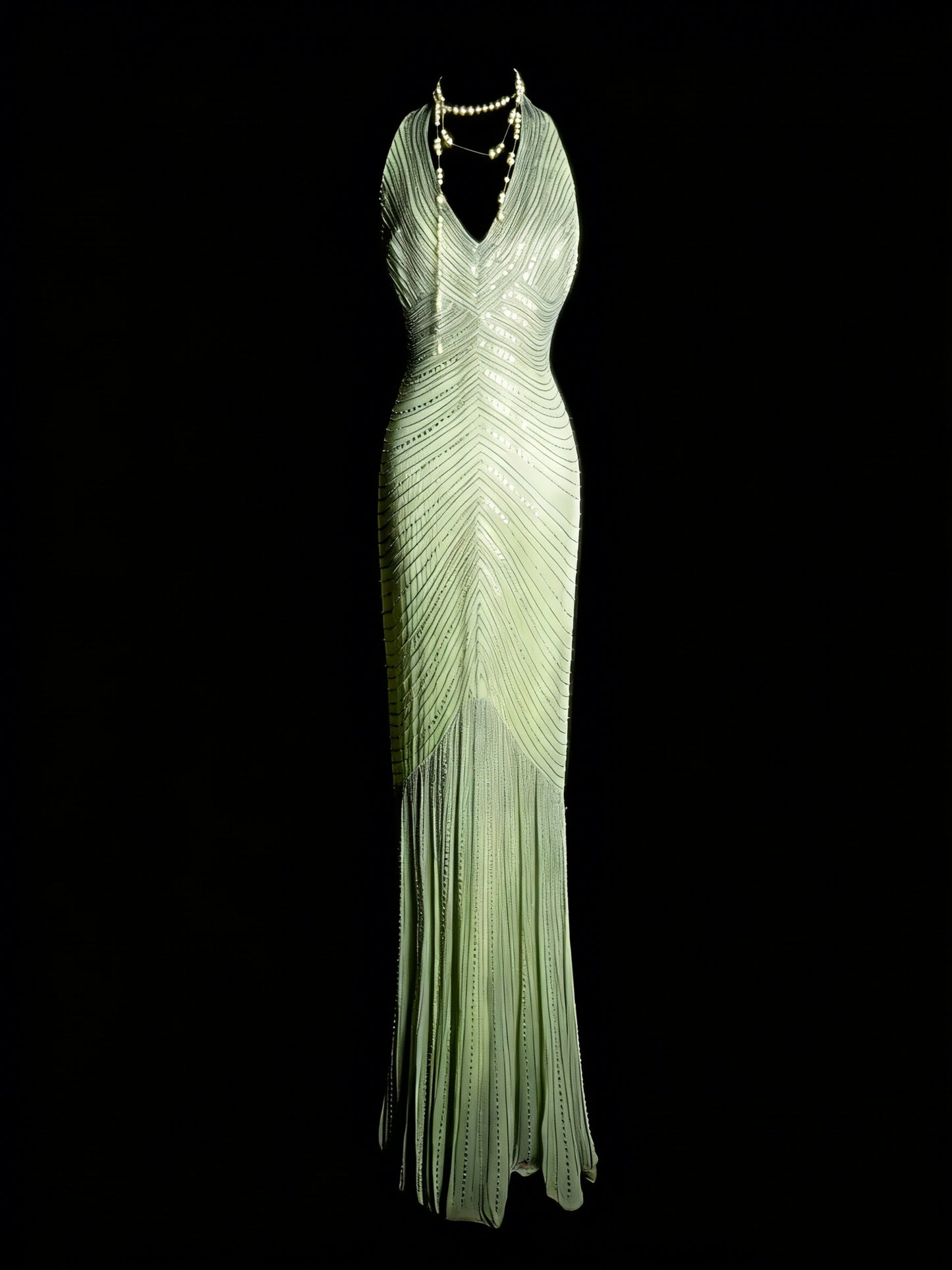 Robe de bal longue de style sirène, col en V, vert menthe, ornée de perles, style années 80, pour lycéennes (N1337)