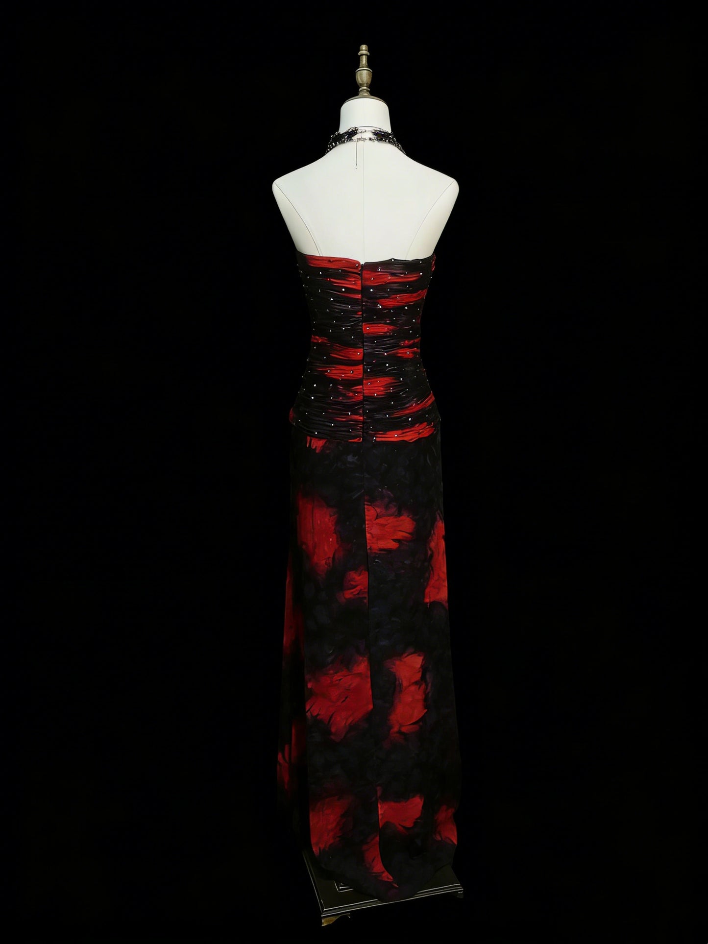 Robe de bal longue de style sirène, bustier cœur, noire et rouge, en mousseline à fleurs et perles, style années 80, pour lycéennes (N1338)