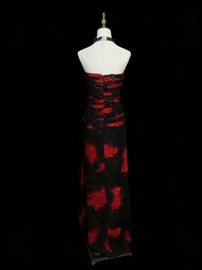 Robe de bal longue de style sirène, bustier cœur, noire et rouge, en mousseline à fleurs et perles, style années 80, pour lycéennes (N1338)