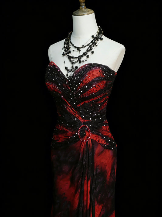 Modest Mermaid Sweetheart Black Red Floral Chiffon Beaded Senior 80s Prom Dresses High School Long Formal Dress N1338