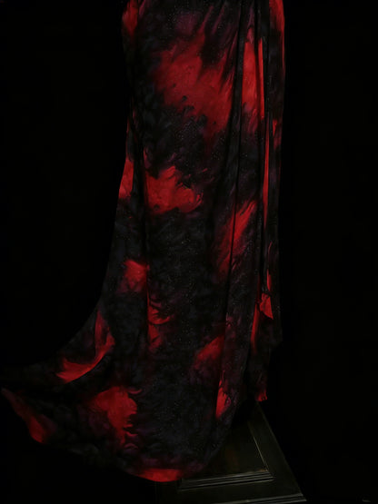 Robe de bal longue de style sirène, bustier cœur, noire et rouge, en mousseline à fleurs et perles, style années 80, pour lycéennes (N1338)