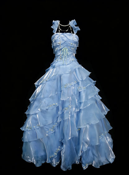 Vintage-Abendkleider, ästhetisches Ballkleid, quadratisch, hellblau, lang, inspirierendes formelles Partykleid N1828