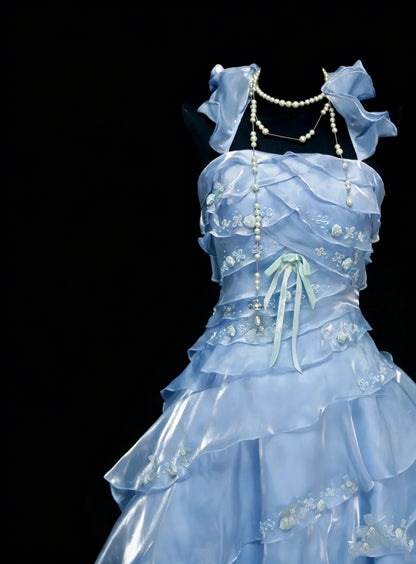Vintage-Abendkleider, ästhetisches Ballkleid, quadratisch, hellblau, lang, inspirierendes formelles Partykleid N1828