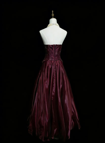 Robes de bal vintage Esthétique Années 50 Rétro Robe de soirée longue bordeaux sans bretelles coupe trapèze N2126