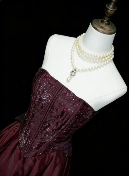 Robes de bal vintage Esthétique Années 50 Rétro Robe de soirée longue bordeaux sans bretelles coupe trapèze N2126