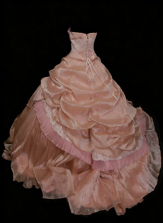 Cute Ball Gown Strapless Blush Pink With Ruffles Long Party Gowns Prom Dresses N2127