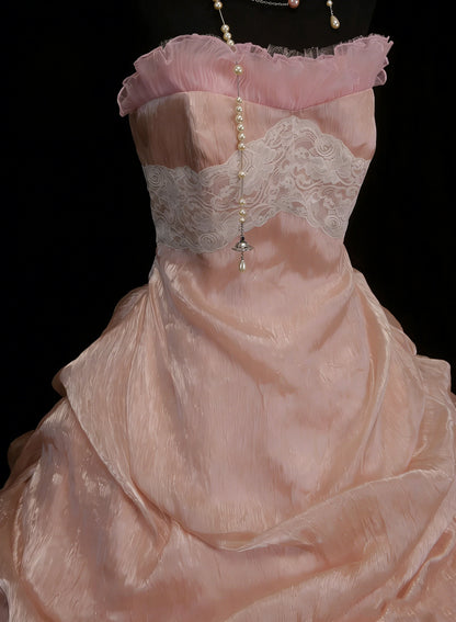 Cute Ball Gown Strapless Blush Pink With Ruffles Long Party Gowns Prom Dresses N2127