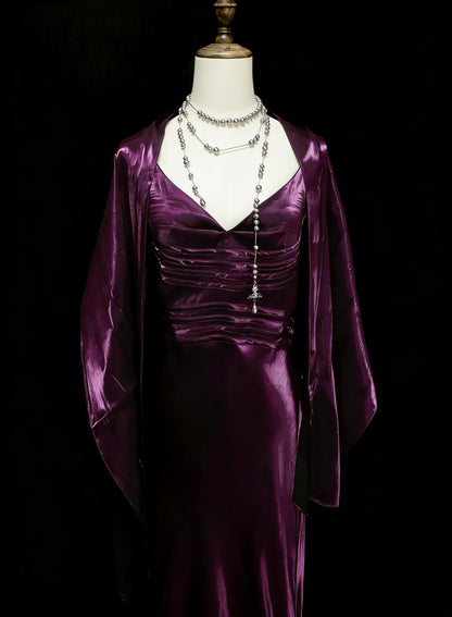 Robes de bal vintage esthétiques Années 60 Rétro Sirène Bretelles fines Robe de soirée longue violette N2130