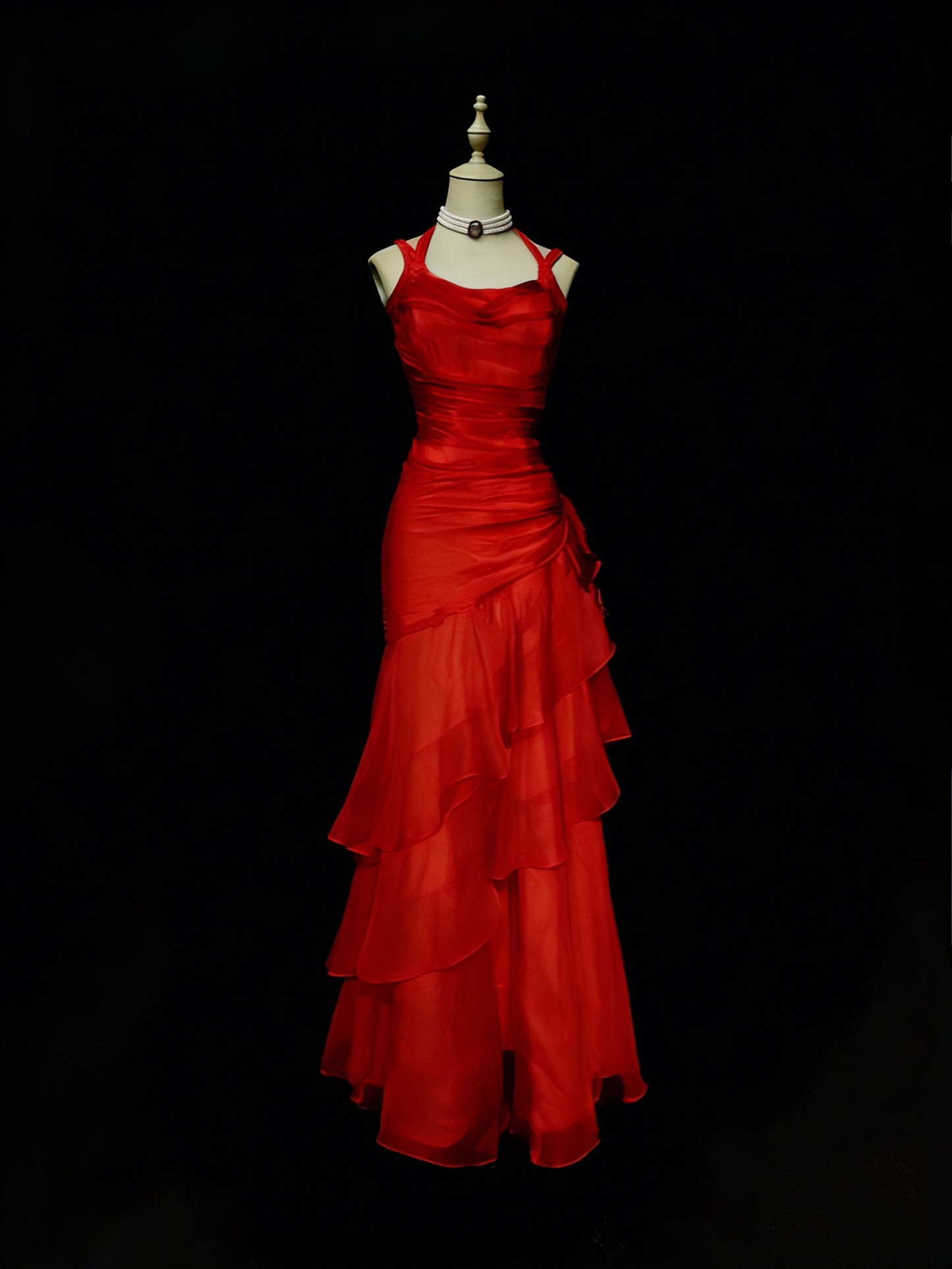 Elegantes, rotes Chiffon-Abendkleid mit Meerjungfrauen-Trägern, neues langes Abendkleid, formelles Kleid N1417