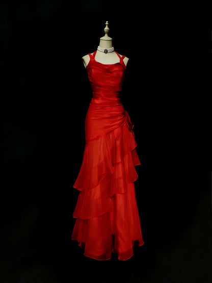 Elegantes, rotes Chiffon-Abendkleid mit Meerjungfrauen-Trägern, neues langes Abendkleid, formelles Kleid N1417
