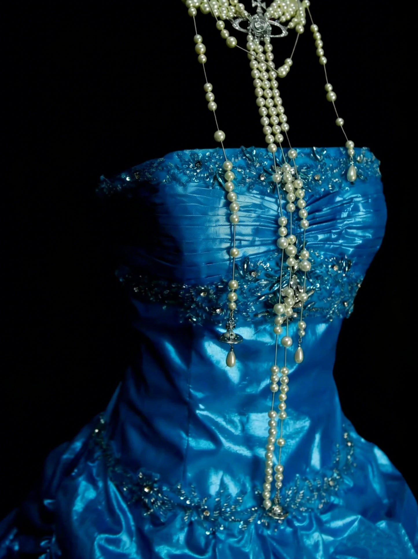 Vintage Ballkleid, trägerlos, blauer Organza mit Rüschen und Perlenbesatz, Sweet 16 Kleider, Quinceañera Kleid, lang, Vestidos De Fiesta N1455