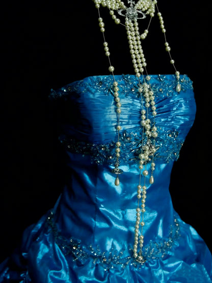 Vintage Ballkleid, trägerlos, blauer Organza mit Rüschen und Perlenbesatz, Sweet 16 Kleider, Quinceañera Kleid, lang, Vestidos De Fiesta N1455