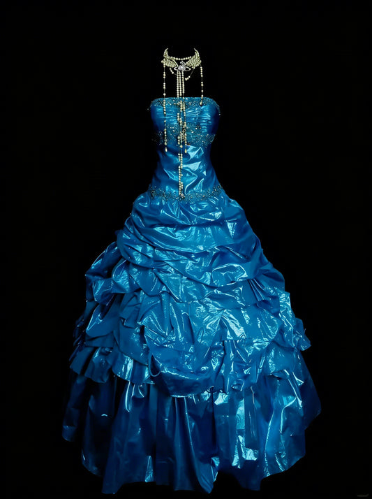 Vintage Ball Gown Strapless Blue Organza With Ruffles Beaded Sweet 16 Dresses Quinceanera Dress Long 15 Vestidos De Fiesta N1455