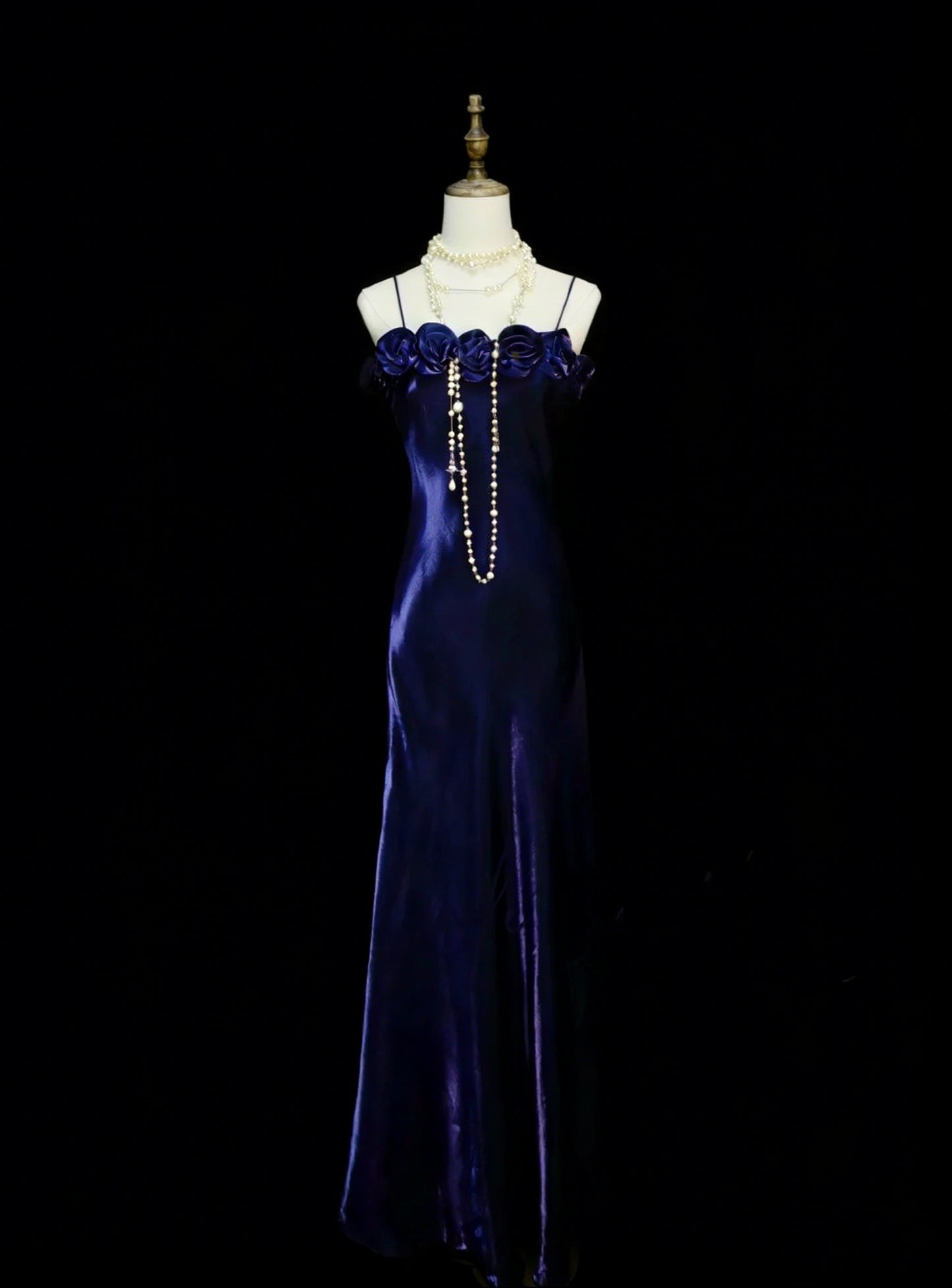 Robe de bal vintage années 80, coupe trapèze, bretelles spaghetti, bleu roi, ornée de fleurs 3D, sans manches, longue, N1456