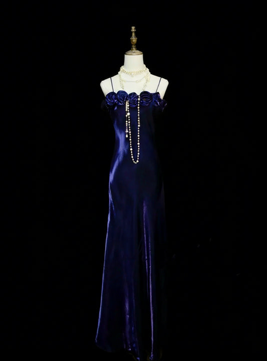 Robe de bal vintage années 80, coupe trapèze, bretelles spaghetti, bleu roi, ornée de fleurs 3D, sans manches, longue, N1456