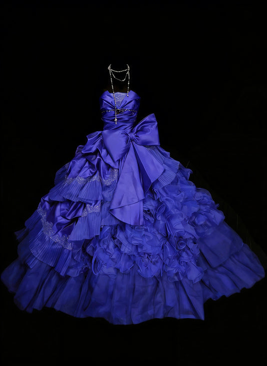 Vintage Ball Gown Strapless Royal Blue Satin With Ruffles Beaded Sweet 16 Dresses Quinceanera Dress Long 15 Vestidos De Fiesta N1457