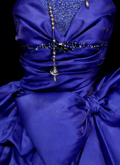 Vintage Ball Gown Strapless Royal Blue Satin With Ruffles Beaded Sweet 16 Dresses Quinceanera Dress Long 15 Vestidos De Fiesta N1457