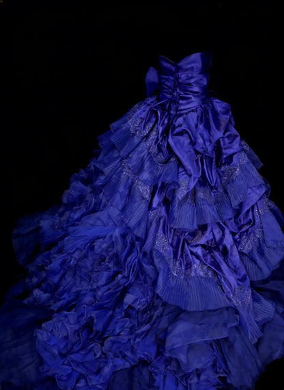 Vintage Ball Gown Strapless Royal Blue Satin With Ruffles Beaded Sweet 16 Dresses Quinceanera Dress Long 15 Vestidos De Fiesta N1457