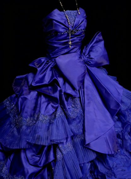 Vintage Ball Gown Strapless Royal Blue Satin With Ruffles Beaded Sweet 16 Dresses Quinceanera Dress Long 15 Vestidos De Fiesta N1457