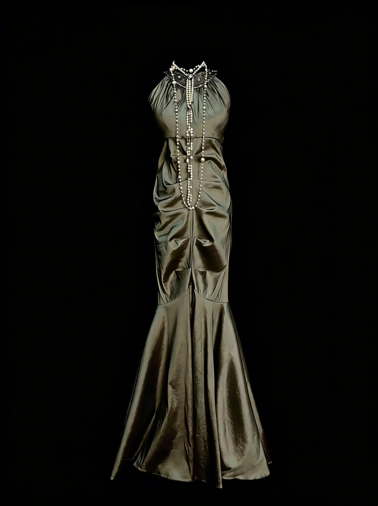 Vintage-Abendkleider, ästhetisch, Meerjungfrauenstil, hoher Kragen, olivgrün, lang, inspirierend, formelle Partykleider N1827