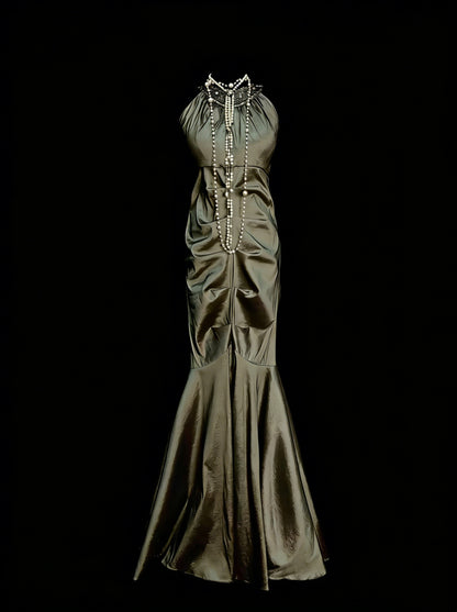 Vintage-Abendkleider, ästhetisch, Meerjungfrauenstil, hoher Kragen, olivgrün, lang, inspirierend, formelle Partykleider N1827